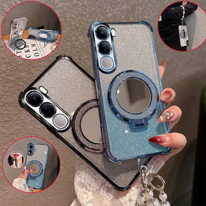 Bling Glitter Lipstick Mirror Stand Phone Case For Vivo Y31 5G Y21D With Pearl Chain Girls Women's Anti-drop Shockproof Cover