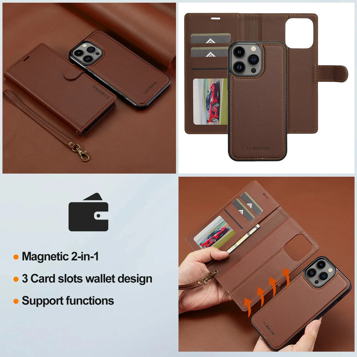 2 in 1 Removable Flip Leather Case For iPhone 18 17 16 Pro Max Air 15 14 13 12 11 Pro X Max XR 7 8 Plus SE Magnetic Wallet Cover
