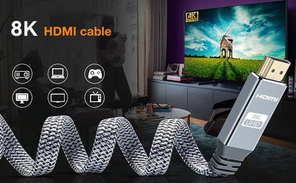 8K HDMI Flat Cable 48Gbps High Speed 8K60 4K120 144Hz Braided HDMI 2.1 Cord 3D eARC HDCP 2.2&2.3 Compatible with Roku TV/PS5