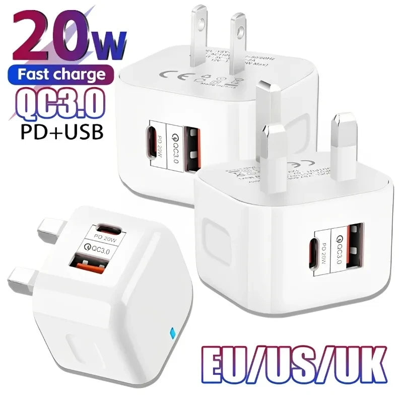 20W PD Dual Ports Wall Charger Type-C USB C PD Phone Fast Charger Super Quick Charging Power Adapters EU/US/UK Plug For iPhone