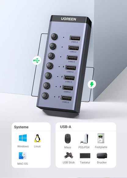 UGREEN USB C Hub 7-Port USB3.0 Splitter with Individual OFF/ON Switch LED Indicator for Desktop PC Laptop USB Ports Extender