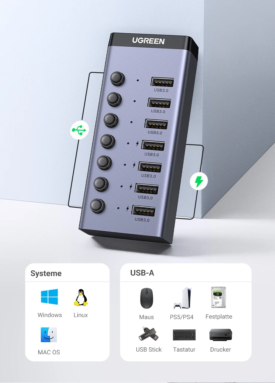 UGREEN USB C Hub 7-Port USB3.0 Splitter with Individual OFF/ON Switch LED Indicator for Desktop PC Laptop USB Ports Extender