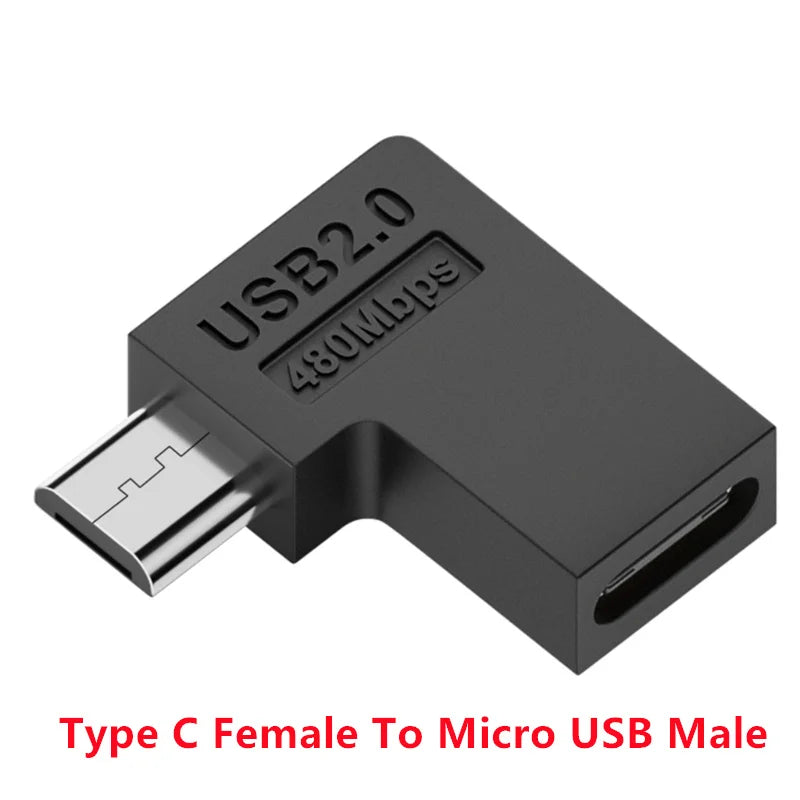90 Degree Right Up Down Angled Micro USB Male to Type C Female Extension Adapter for Laptop PC Chargers Converter