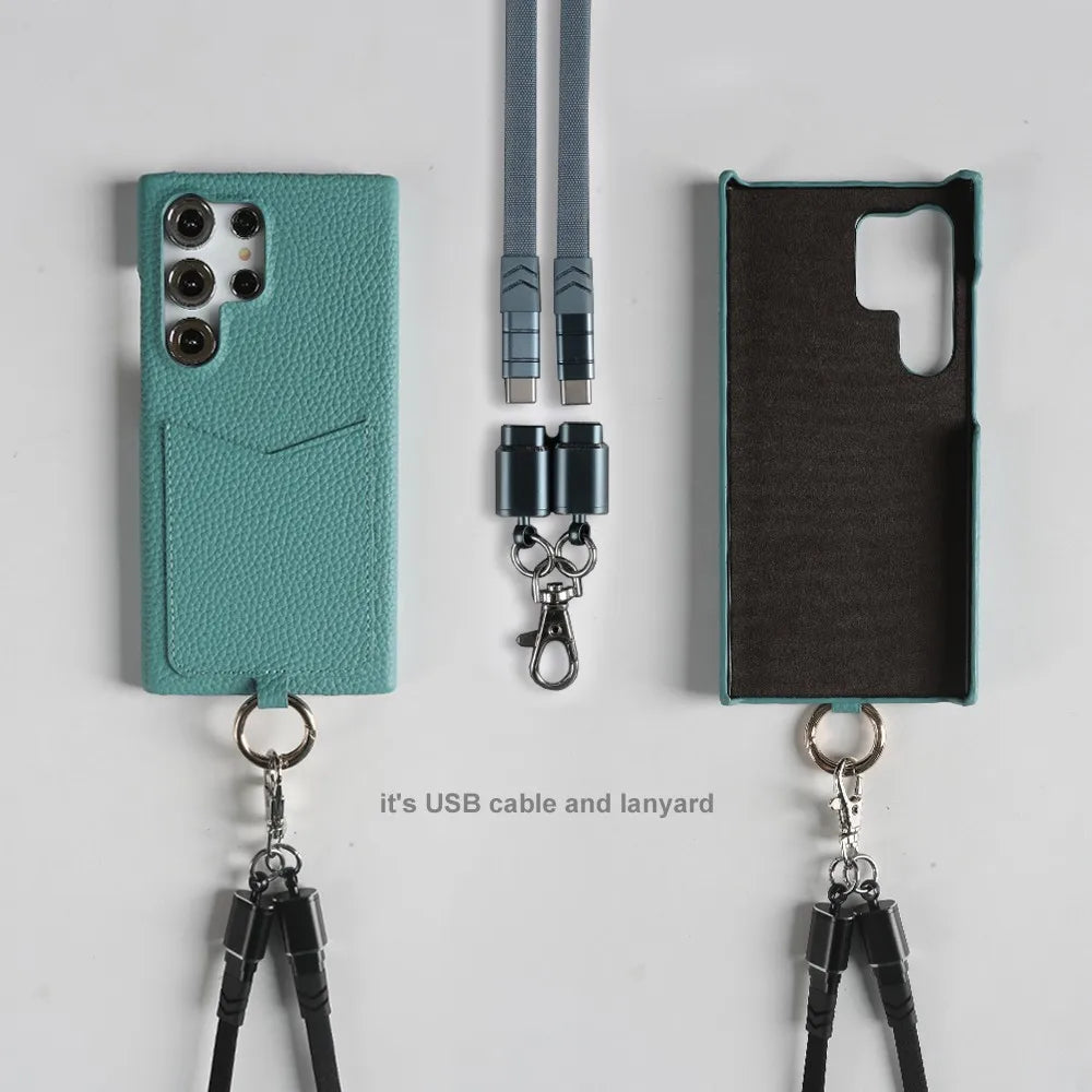 Multifunctional Charging Cable Lanyard Genuine Leather Case for IPhone 18 Pro Max 17Pro 16 15 14 13Pro Crossbody Strap Card Slot