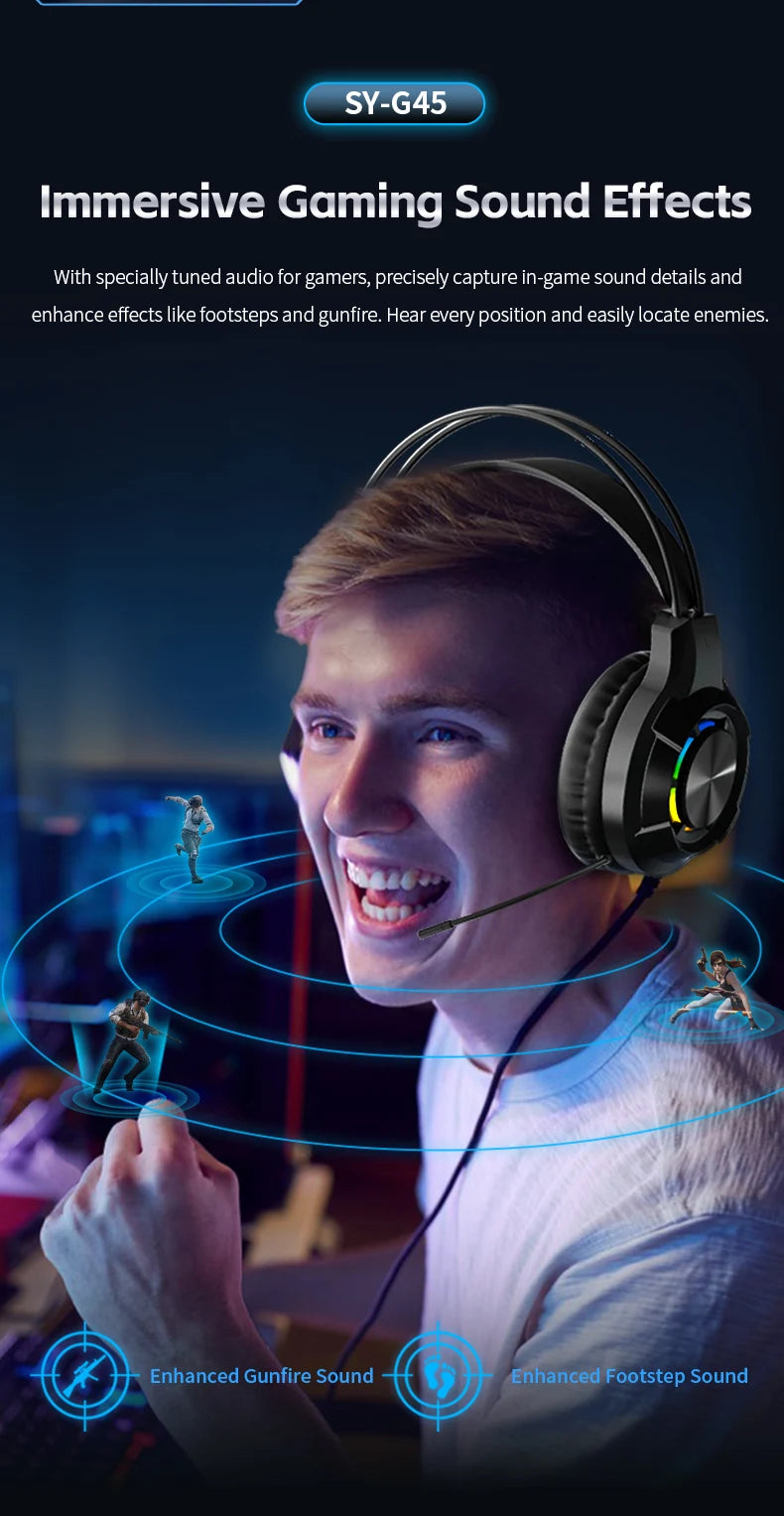 Over-Ear Gaming Headphone 7.1 Surround Sound ENC Noise Cancelling Mic RGB LED Wired Headset for PC PS4 PS5 Xbox Laptop Desktop