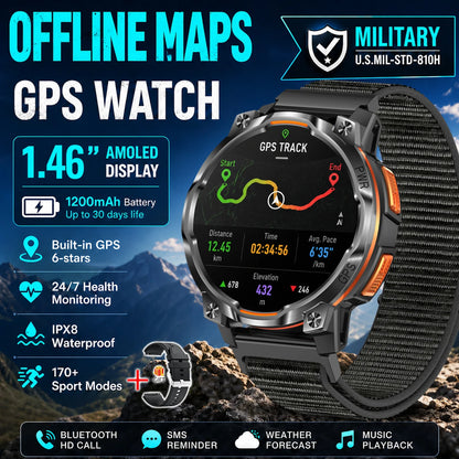 Men Outdoor GPS Smartwatch Offline Map 107 Sport Modes 1200mAh Battery BT Call Heart Rate BP SpO2 Fitness Sports Wrist Watch