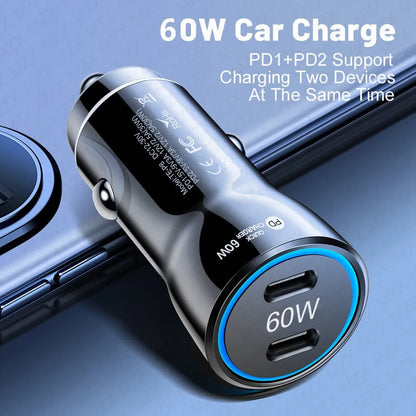 MZX 60W 48W 30W Duar Car Charger PD USB A Type C Smart Quick Charge 12V 24V Cigar Lighter Ultra QC 3.0 Charging for Cell Phone