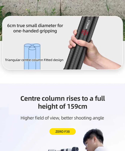 COMAN Zero F38 Carbon Fiber Tripod with Quick Release 360° Panoramic Ball Head for Nikon Canon DSLR Camera Travel Size