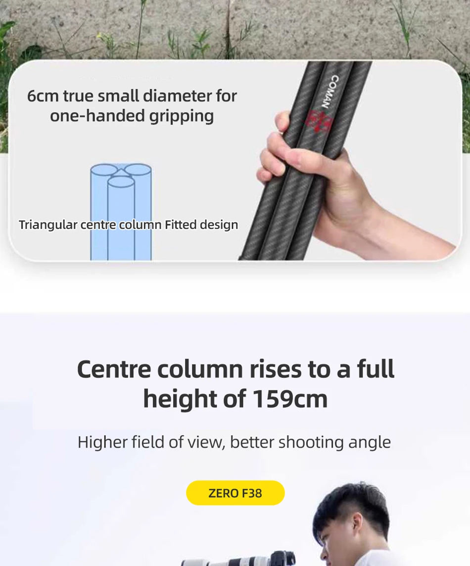 COMAN Zero F38 Carbon Fiber Tripod with Quick Release 360° Panoramic Ball Head for Nikon Canon DSLR Camera Travel Size
