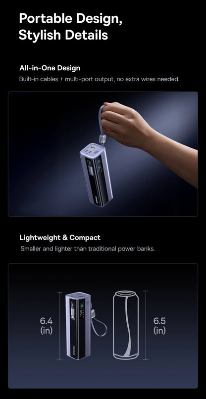 Baseus 200W 25000mAh Power Bank Dual Retractable USB-C Cables 4-Device Fast Charge Portable External Battery Charger For Laptop