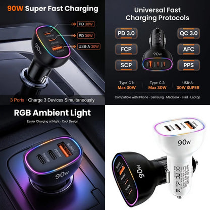 90W USB C Car Charger Fast Charging Multi Port Dual PD 30W Type C USB A 30W Adapter for Laptop Phone MacBook PPS QC3.0 RGB LED