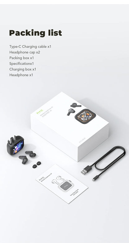 Headphones Bluetooth 5.2 TWS HTC Wireless Earphones Sports Earbuds With Microphone Full HD LCD Display Control Music Headset