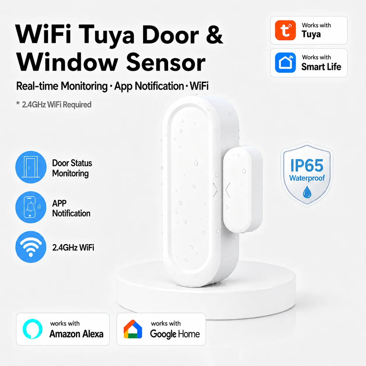Tuya WiFi IP65 Door Window Sensor Smart Home Open Close Alarm Detector APP Remote Monitor Work With Smart Life Alexa Google Home