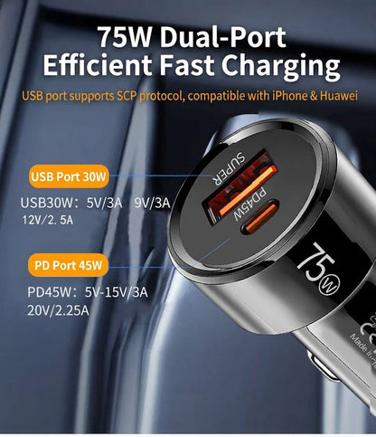 Dual Port 75W Vehicle Charger PD 45W QC 30W Fast Charging Auto Adapter Intelligent Chip Multiple Protections For Cars For iPhone