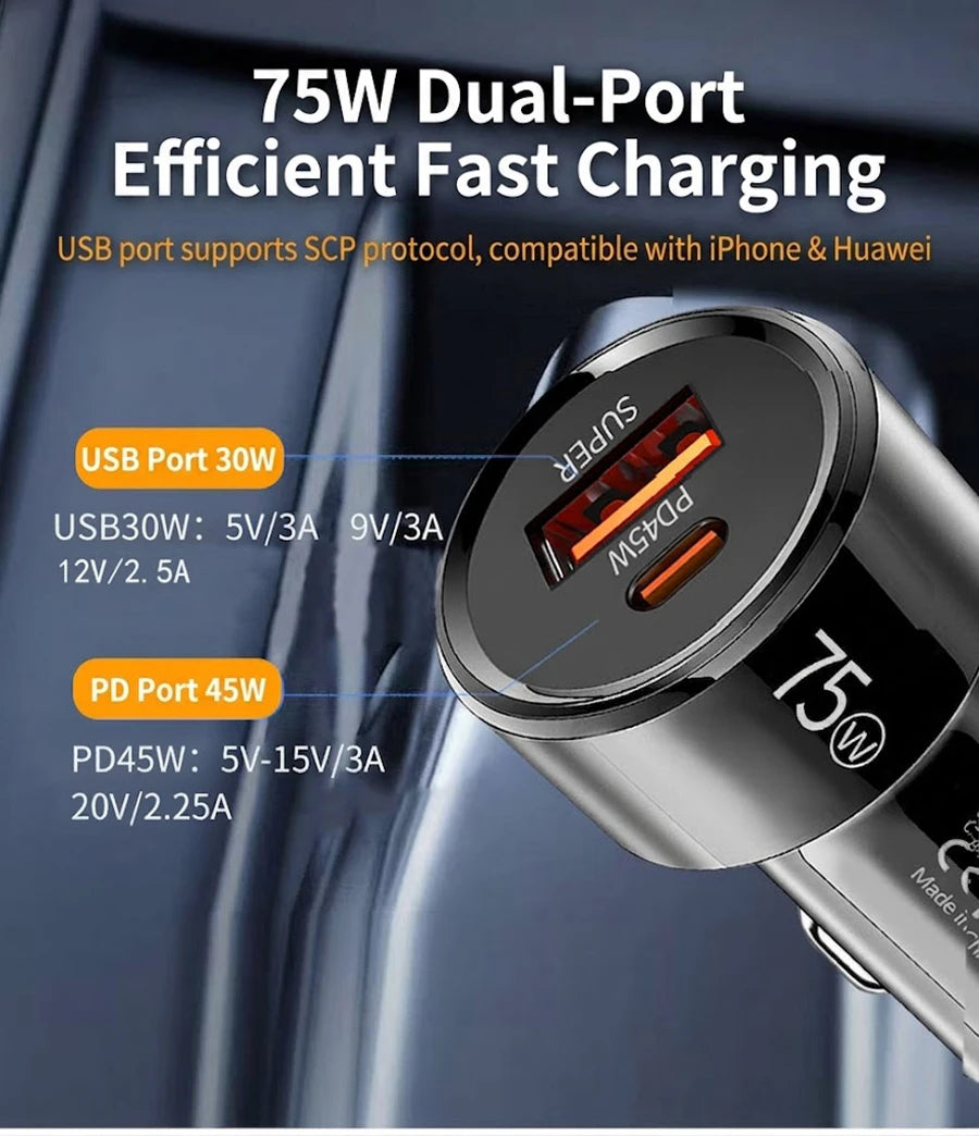 Dual Port 75W Vehicle Charger PD 45W QC 30W Fast Charging Auto Adapter Intelligent Chip Multiple Protections For Cars For iPhone