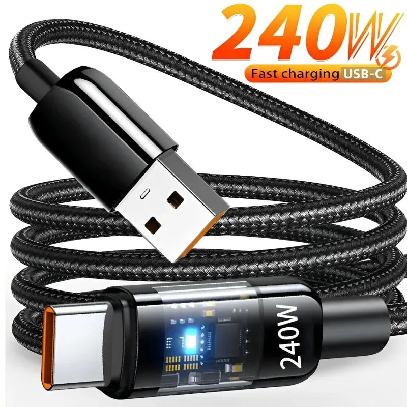 USB C Quick Charging Cable 240W  Braided Transparent Type C High-speed Charger Wire for 16/17 for Samsung Huawei Mi Data Line