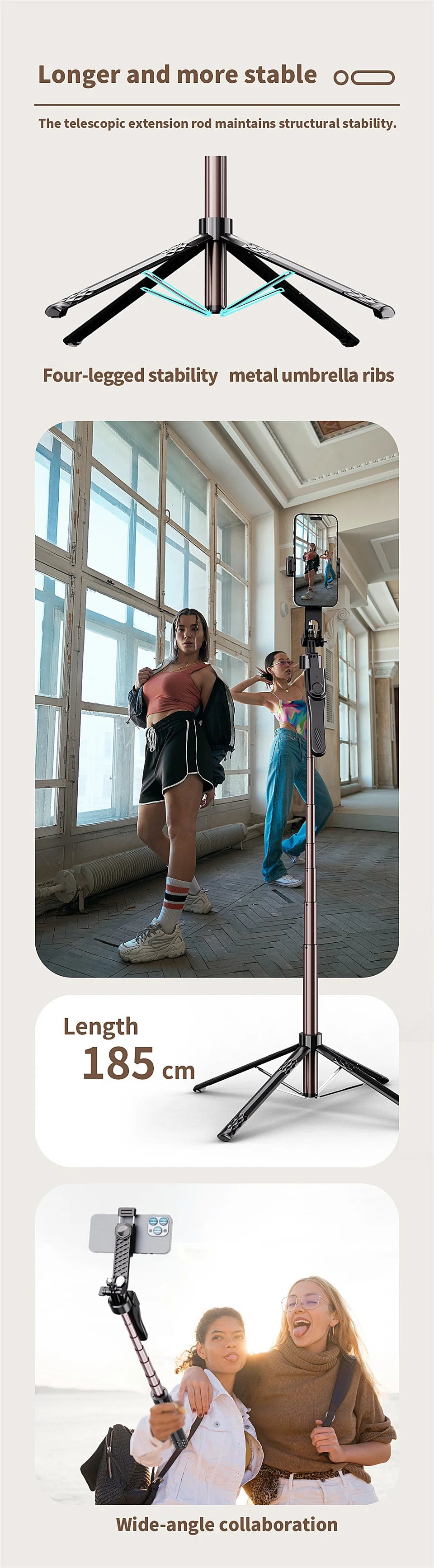 FANGTUOSI Long 185cm 360 Rotation Stabilizer, Selfie Stick Tripod for Smartphone Camera With Bluetooth Shutter for Live Video