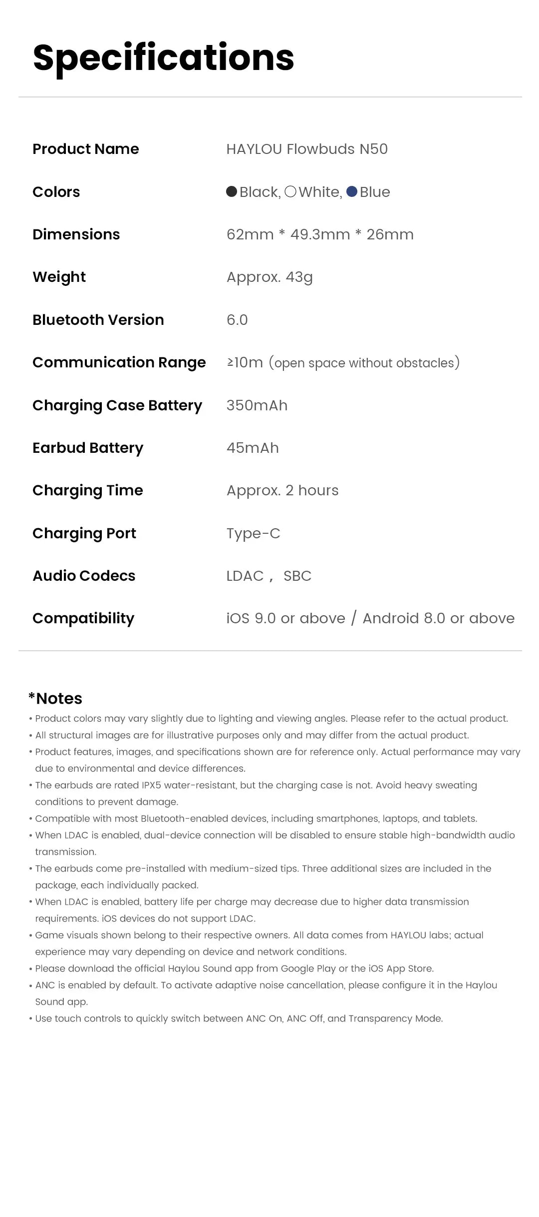 HAYLOU Flowbuds N50 ANC Bluetooth 6.0 Wireless Earphones Active Noise Cancellation 6 Mics AI Claer Call Earbuds 32H Playtime