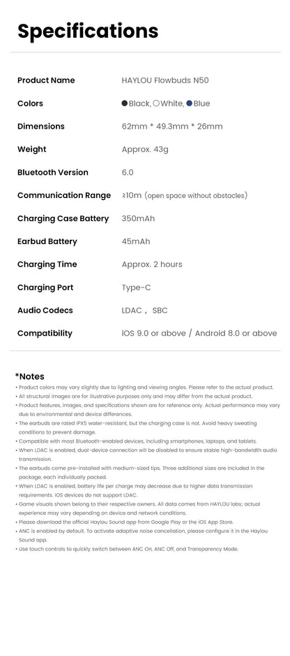 HAYLOU Flowbuds N50 ANC Bluetooth 6.0 Wireless Earphones Active Noise Cancellation 6 Mics AI Claer Call Earbuds 32H Playtime