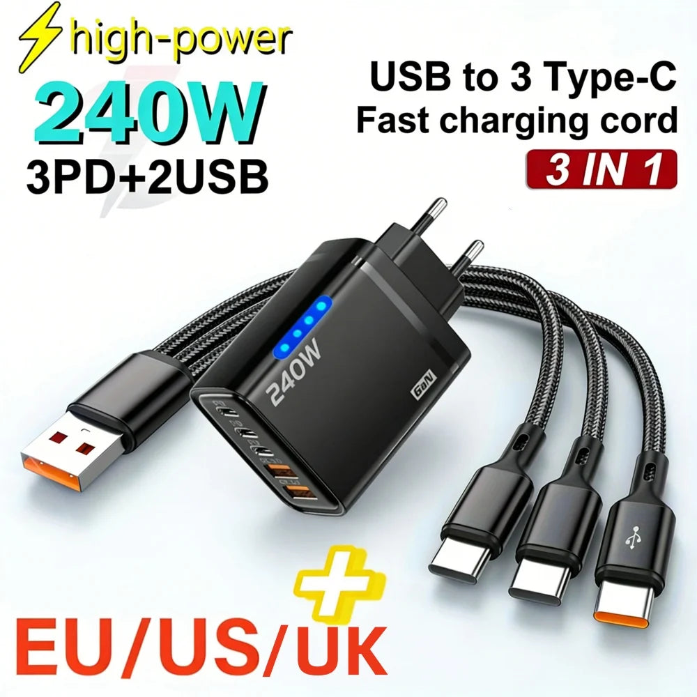 240W USB C Phone Charger Fast Charging Wall Adapters 100W 6A 3 In 1 USB-A to 3 ×Type-C Data Cables For iPhone 15 Samsung Xiaomi
