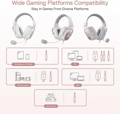 Redragon H510 Zeus White Wired Gaming Headset - 7.1 Surround Sound Memory Foam Ear Pads 53MM Drivers
