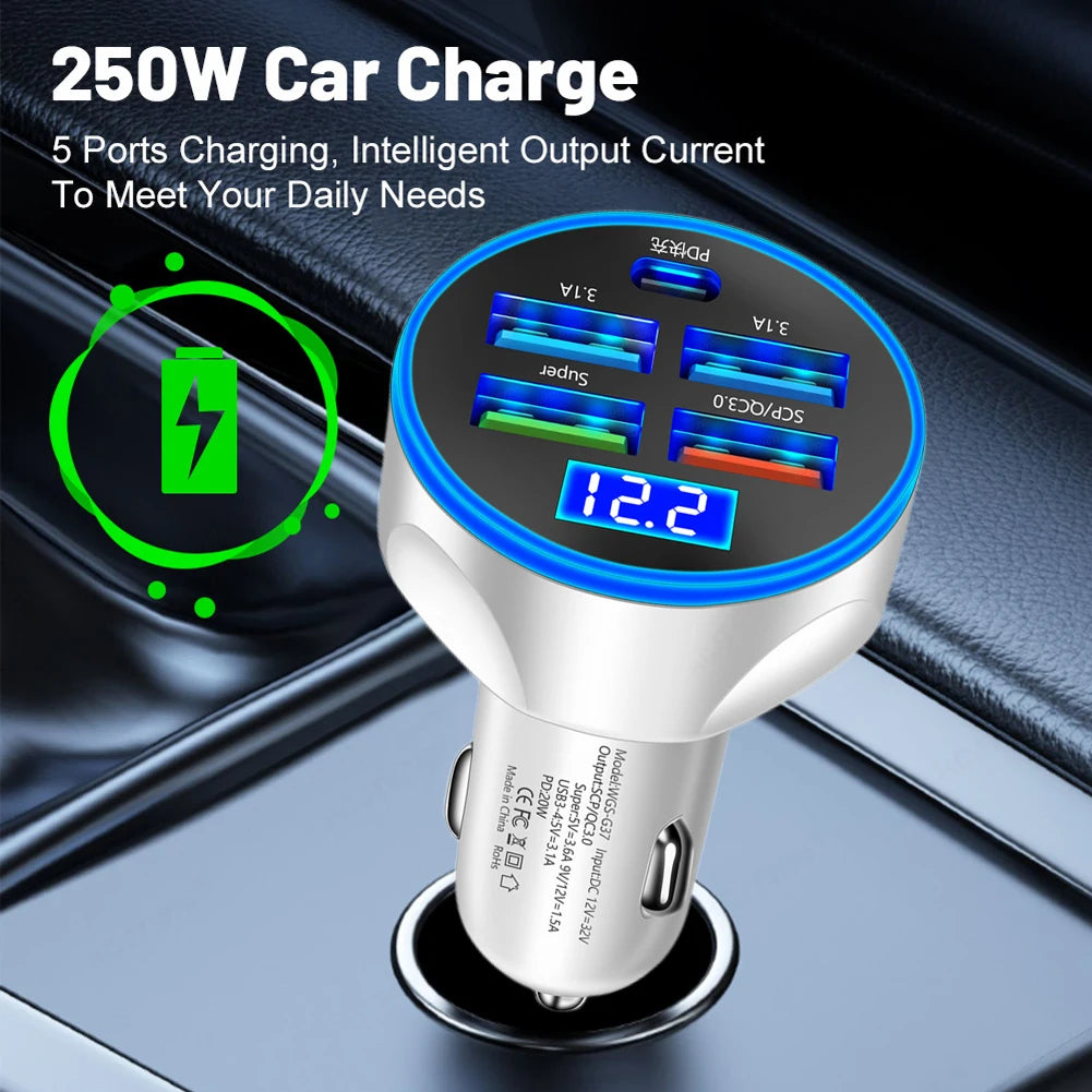 PD 5 in 1 QC3.0 Car Charger 12-24V Cellphone Adapter Digital display 4 USB Type C Fast Charging For iPhone Samsung Huawei Xiaomi