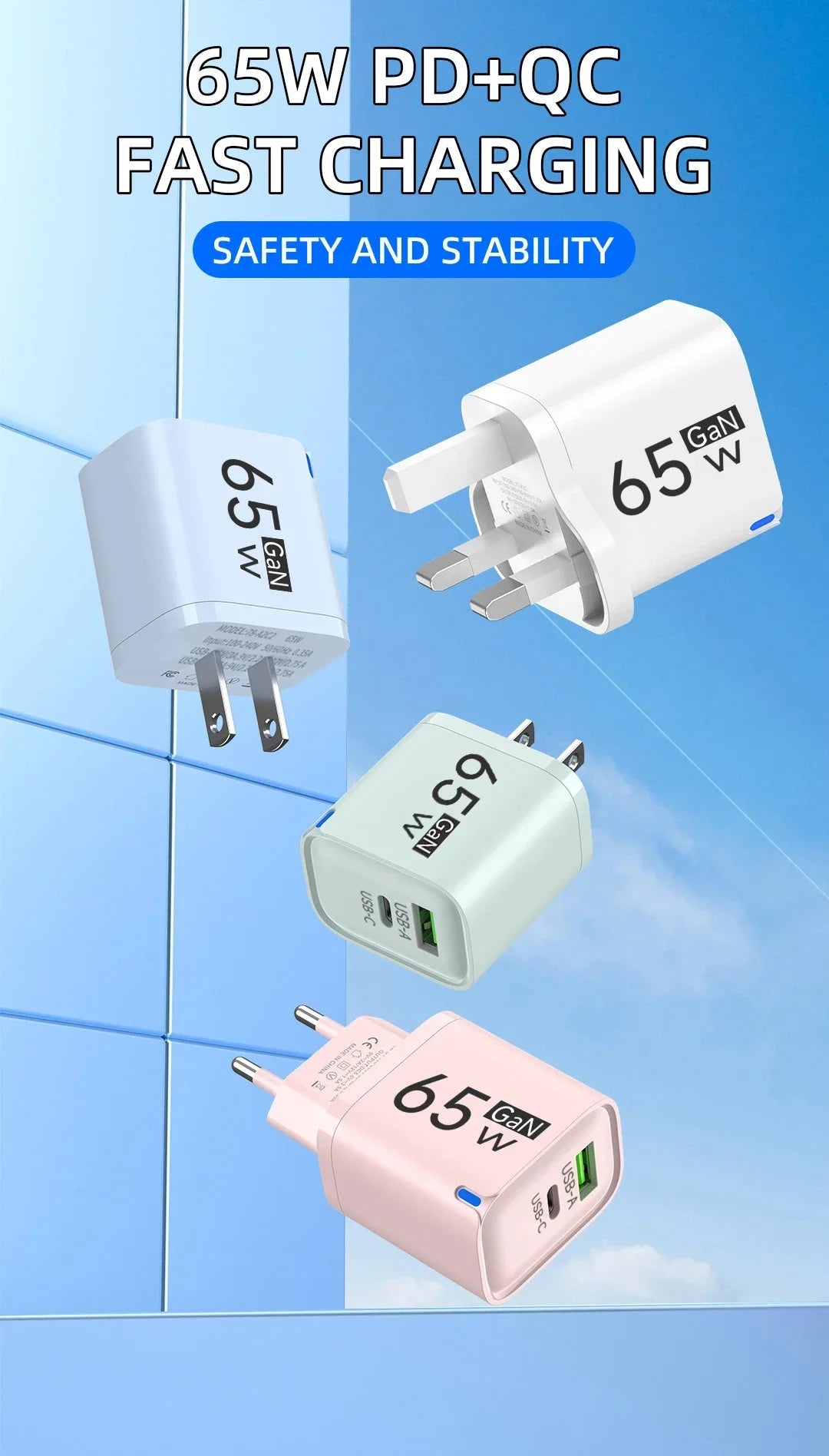 GaN 65W USB Type C Fast Charger 2 in 1 Portable Phone Wall Charger Quick Charge EU US UK Plug For iPhone Samsung Xiaomi Huawei