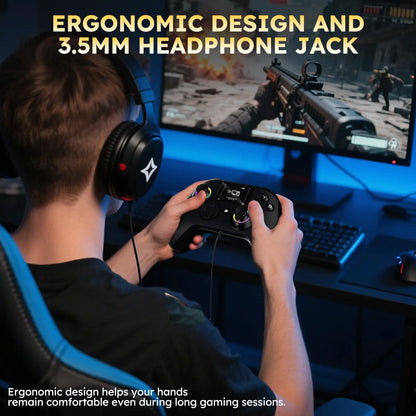 Wireless gaming controller with an interactive screen, compatible with PC, PS4, Switch, Android, and iOS devices. Features 4 programmable buttons, rapid-fire functionality, a 6-axis gyroscope, dual vibration feedback, and RGB