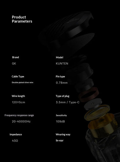 GK-KUNTEN Wired Earphones Flagship Single Motion In Ear Heavy Bass Fever HIFI High Quality Earphones