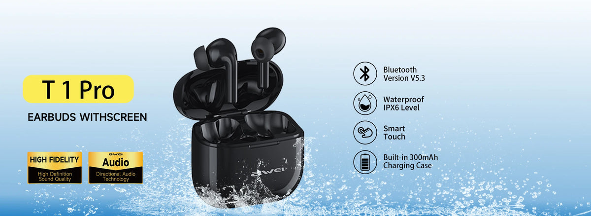 AWEI T56 ANC Wireless Bluetooth V 5.4 Earphones Noise Reduction Headphones Full-Color LED Touchscreen TWS Sport Headest With Mic