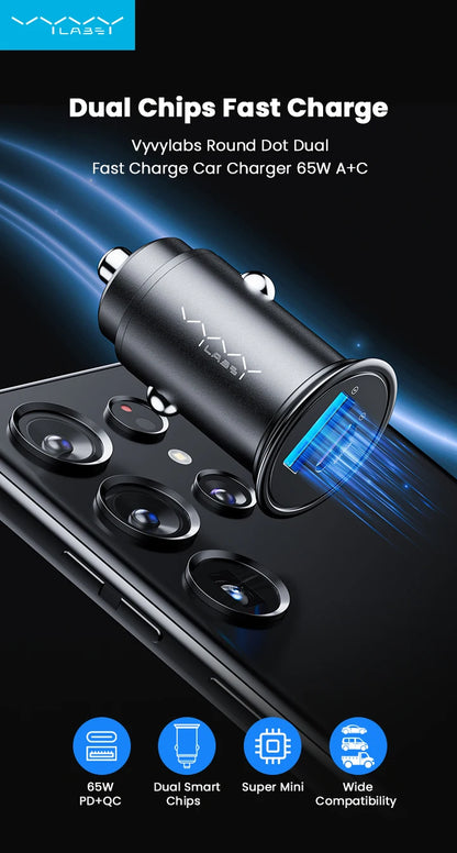 Vyvylabs 65W Car Charger Zinc Alloy Mini USB-A Type-C Fast Charging Adapter DC12V-24V Car Max 65W for iPhone 17 Samsung Huawei