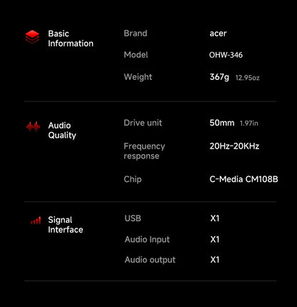 Acer Ohw346 Wired Gaming Headset with Ultra-High-Definition Large Diaphragm Spatial Surround Audio, Soft and Skin-Friendly Materials, Fully Encloses the Ear for Comfortable Wearing Without Applying Pressure on the Head