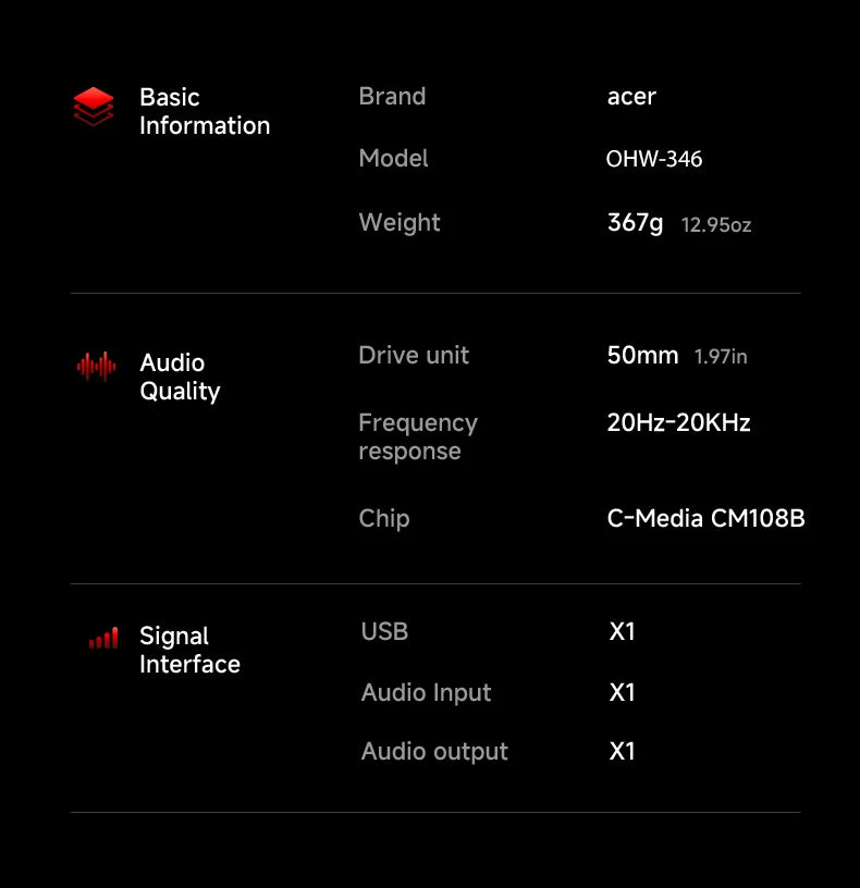 Acer Ohw346 Wired Gaming Headset with Ultra-High-Definition Large Diaphragm Spatial Surround Audio, Soft and Skin-Friendly Materials, Fully Encloses the Ear for Comfortable Wearing Without Applying Pressure on the Head