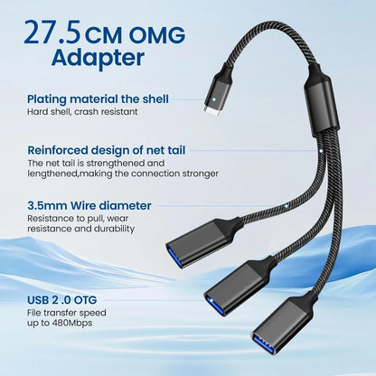 USB Splitter Cable 1 in 3 Out, USB-A Expansion Hub, Multi USB Port Expansion Converter for Car, Laptop, PC/Computer, Keyboard/Mo