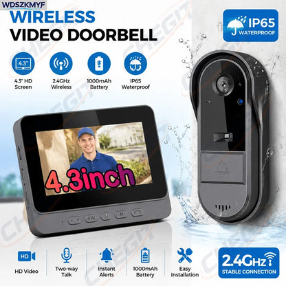 Waterproof Smart 2.4G Wireless Doorbells Video Intercom Camera Inteligente Night Vision 4.3inch Screen For Security Home