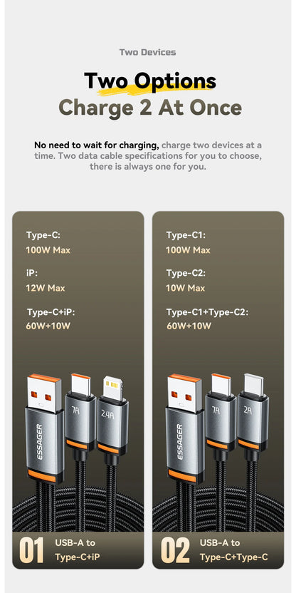 Essager 2 in 1 USB Cable 7A Charger Cable for iPhone 15 16 USB A To Type C to Lighting Cable for Macbook Samsung Xiaomi Huawei