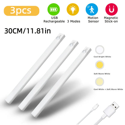 3pcs LED Motion Sensor - Dimmable Cabinet Lights, USB Rechargeable,3Color Modes,Night Light, for Bedroom,Staircase, Kitchen,Room