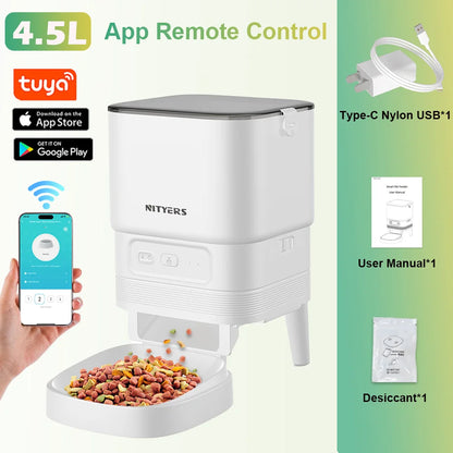 NITYERS 4.5L Smart Automatic Cat Feeder, Tuya App Remote Control Timed Pet Feeder for Cats & Dogs, 2.4G WiFi Dispenser with 10s Voice Recorder, Dual Power & Stainless Steel Bowl