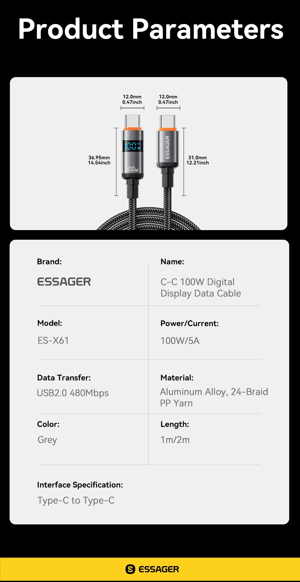 Essager 100W USB C to Type C Digital Display Cable Fast Charging 5A Type C to Type C Cable For MacBook Pro Xiaomi Huawei Samsung