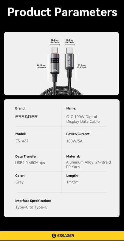Essager 100W USB C to Type C Digital Display Cable Fast Charging 5A Type C to Type C Cable For MacBook Pro Xiaomi Huawei Samsung