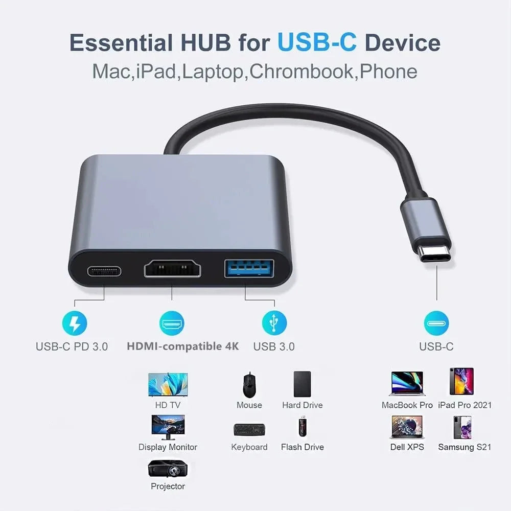 3-in-1 USB C Hub 100W Power Delivery USB 3.0 with 4K HDMI-Compatible for MacBook  Chromebook Steam Deck - Stable HUB Adapter