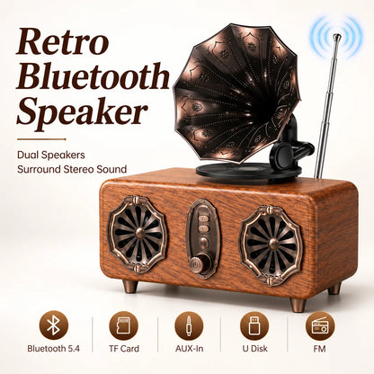 Retro Bluetooth Speaker,FM Radio Vintage Speaker Bass with USB TF AUX Player | Old Fashion Classic Style for Home, Office, Gift