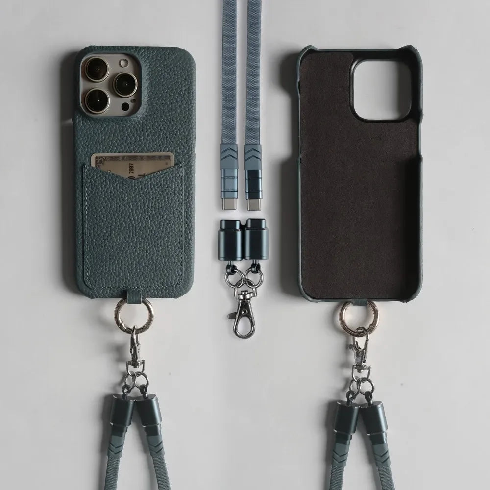 Multifunctional Charging Cable Lanyard Genuine Leather Case for IPhone 18 Pro Max 17Pro 16 15 14 13Pro Crossbody Strap Card Slot