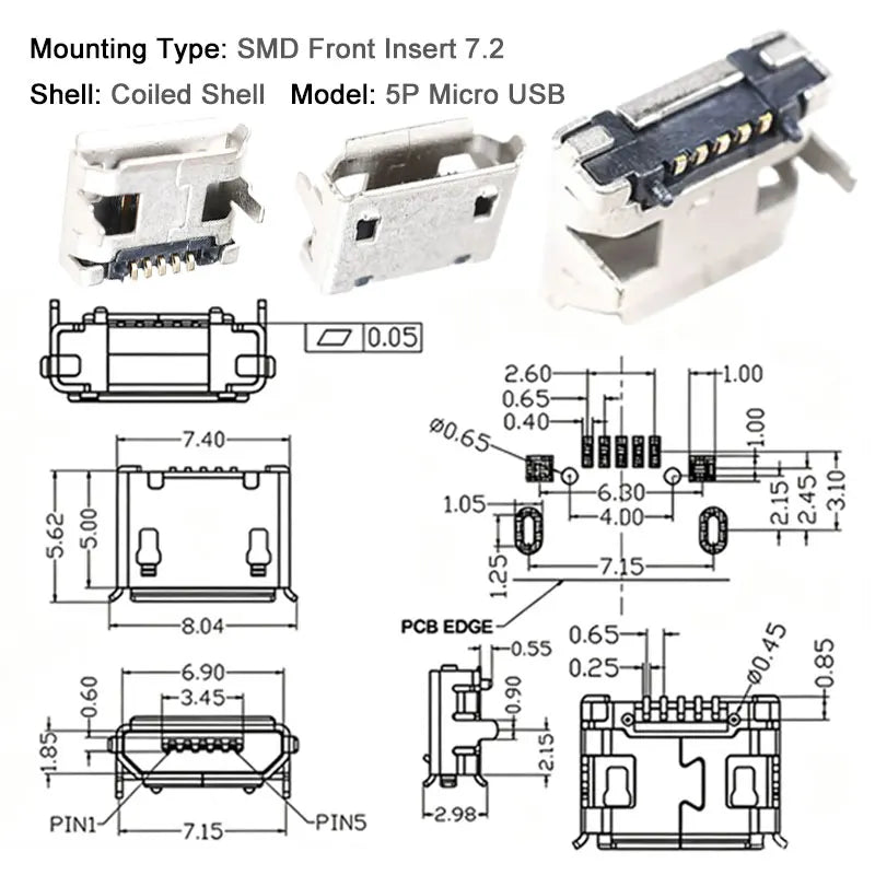 10PCS Micro USB Android Female Charging Socket, Flat Edge Crimped Type, 5Pin, 4 Mounting Pins, SMD & DIP Tail Connector