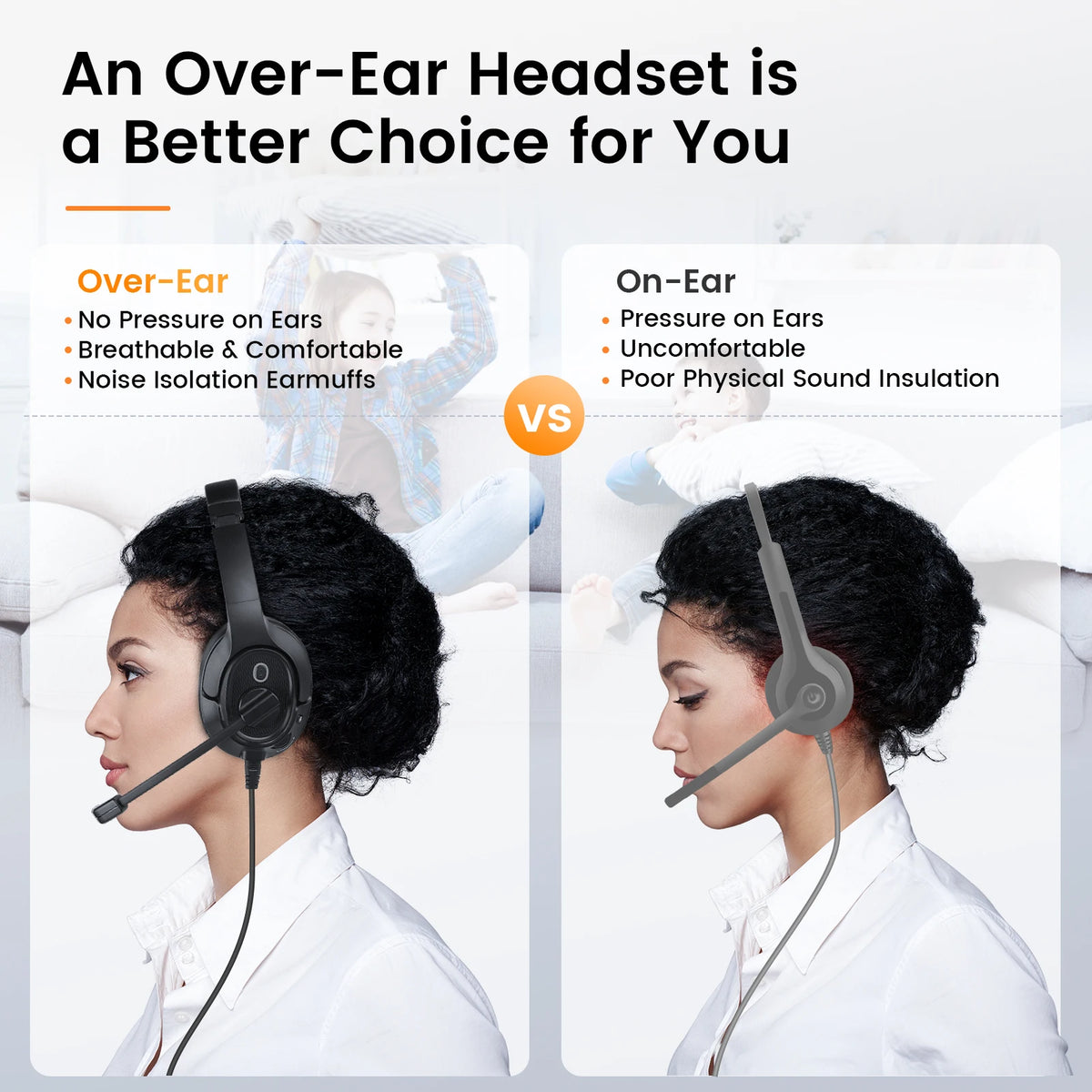EKSA H2 Office Headset with Mic USB Wired Headphones ENC Noise Cancelling Over-Ear 40mm Mute Switch Volume Control Call Center