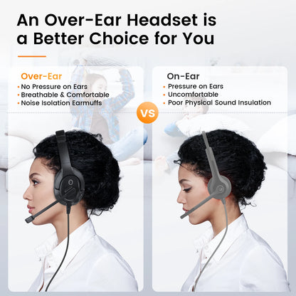 EKSA H2 Office Headset with Mic USB Wired Headphones ENC Noise Cancelling Over-Ear 40mm Mute Switch Volume Control Call Center