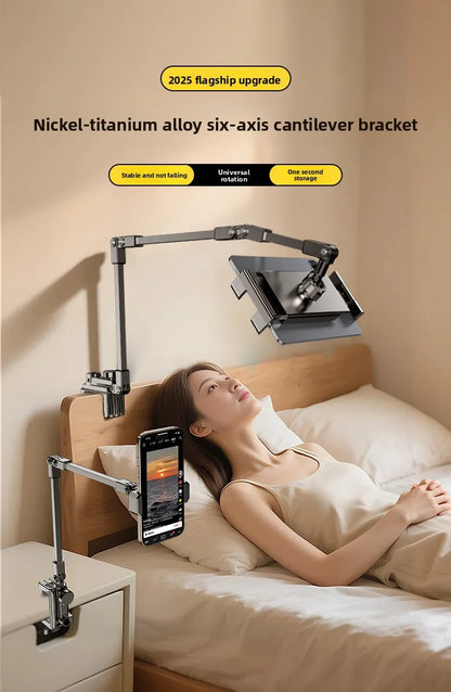 All-metal cantilever lazy overhead phone holder for desktop live streaming, bedside adjustable tablet for iPad bracket