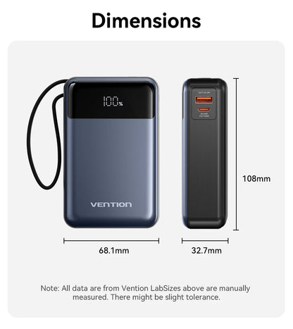 Vention 65W Power Bank 20000mAh Built-in USB-C Cable Portable Powerbank for Laptop PD Fast Charger for iPhone 18 Samsung S26 S25