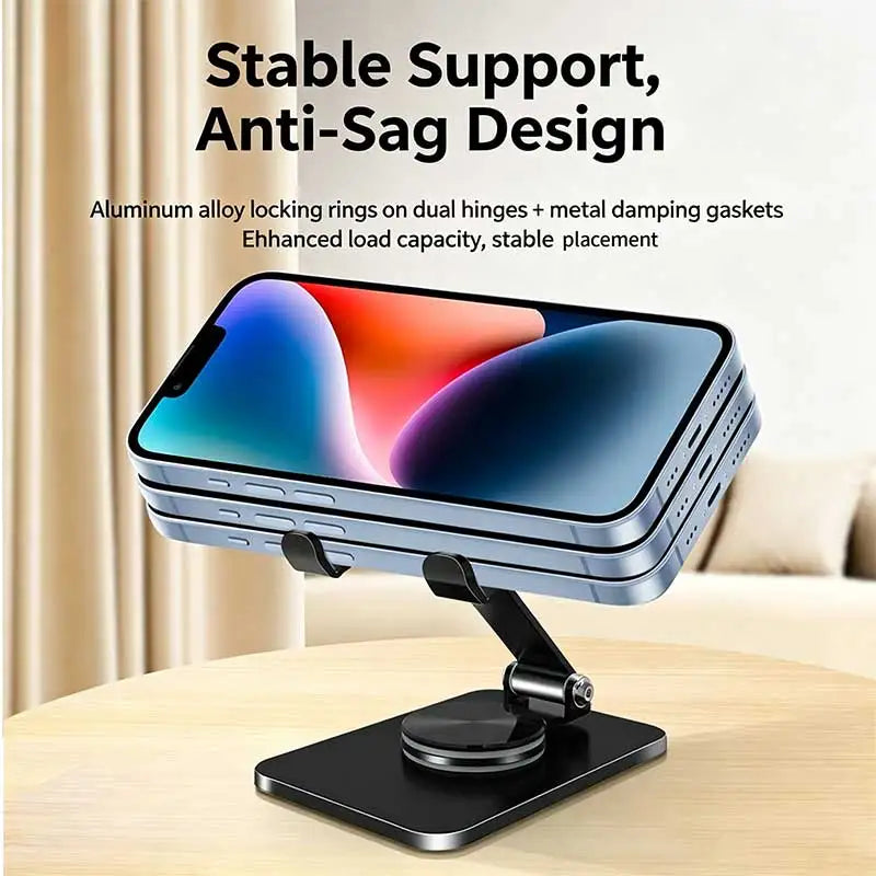 Mobile Phone Stand - Metal Desk Stand - 360° Rotating and Folding Desktop Stand for Easy Storage of Mobile Phones and Tablets
