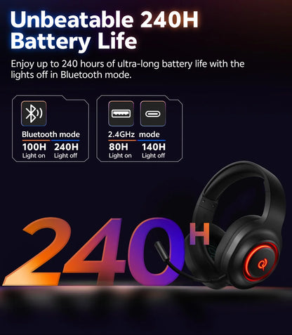 QCY Heroad V200 Gaming Headset Bluetooth 6.0 with Mic 50mm Driver 7.1 Surround Sound RGB Over Ear Headphones for PC Laptop PS4/5